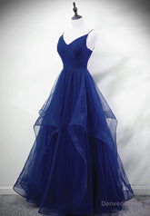 Blue A-line Straps Tulle Layers Long Party Dress, Blue Long Prom Dress