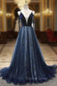 Blue A Line Straps Tulle Long Prom Dress Prom Dress, Blue Bridesmaid Dresses