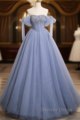 Blue A-Line Tulle Beads Long Prom Dresses, Blue Long Formal Dresses