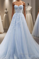 Blue A line tulle lace long prom Dresses blue lace formal Dresses