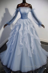 Blue A-Line Tulle Lace Long Prom Dresses, Blue Formal Evening Dresses