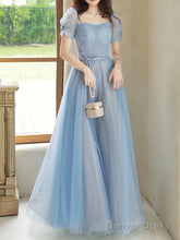 Blue A-Line Tulle Sequin Long Prom Dresses, Blue Formal Evening Dresses