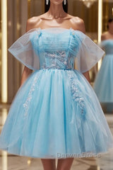 Blue A-line Tulle Short Prom Dresses, Blue Homecoming Dresses