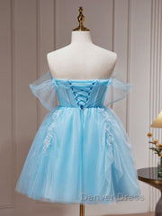 Blue A-line Tulle Short Prom Dresses, Blue Homecoming Dresses