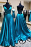 Blue A Line V Neck Backless Satin Long Prom Dresses Open Back Prom Graduation Prom Gown