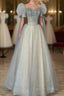 Blue And Champagne Tulle Beaded Shiny Tulle Prom Dresses, A-Line Long Party Dresses