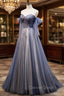 Blue and Grey Tulle Long Sweetheart Prom Dress, Tulle A Line Prom Dresses