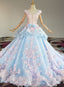 Blue and Pink Ball Gown Tulle with Flowers Sweet 16 Dresses, Blue Formal Dresses