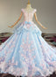 Blue and Pink Ball Gowns Tulle with Flowers Sweet 16 Dress, Blue Prom Dresses