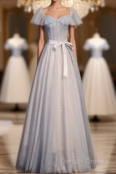 Blue And Pink Beaded Tulle Lovely A-Line Long Party Dresses, Tulle Evening Dresses Prom Dresses