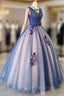 Blue and Pink Flower Lace Applique V-neckline Sweet 16 Gown, Floor Length Formal Dresses
