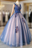 Blue and Pink Flower Lace Applique V Neckline Sweet 16 Gowns, Floor Length Prom Dresses