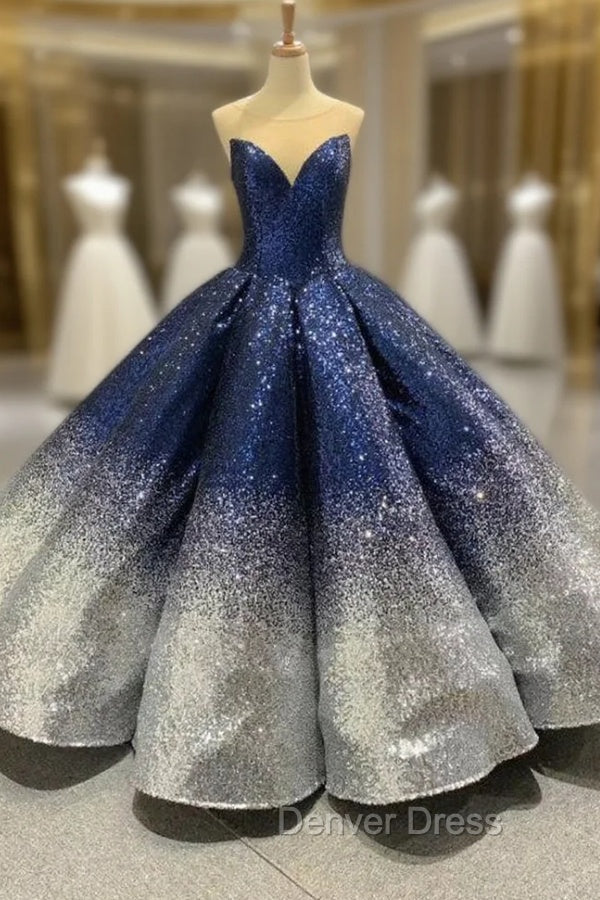 Blue And Silver Ball Gown Sequins Cap Sleeve Prom Dresses – Denver Dress