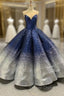 Blue And Silver Ball Gowns Sequins Cap Sleeve Prom Dresses