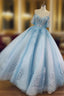 Blue Ball Gowns Beaded and Lace Long Sweet 16 Dress, Blue Tulle Prom Dresses