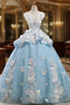 Blue Ball Gowns Cap Sleeve Organza Flower Backless Wedding Dresses