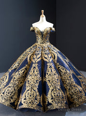 Blue Ball Gown Gold Sequins Off the Shoulder Deep V-neck Prom Dress