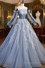 Blue Ball Gown Long Sleeves Beaded Party Dresses, Blue Prom Dresses Sweet 16 Dresses