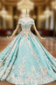 Blue Ball Gown Off the Shoulder Appliques Beading Prom Dresses