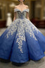 Blue Ball Gown Off the Shouler Appliques Prom Dresses