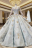 Blue Ball Gowns Sequins Long Sleeve Appliques Luxury Wedding Dresses With Pearls