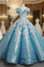 Blue Ball Gown Sequins Off The Shoulder Appliques Wedding Dresses