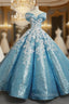 Blue Ball Gowns Sequins Off The Shoulder Appliques Wedding Dresses