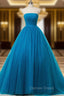Blue Ball Gown Strapless Tulle Backless Wedding Dresses