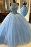 Blue Ball Gown Tulle Beaded Halter Backless Sweet 16 Prom Dresses