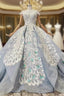 Blue Ball Gowns Tulle Lace Appliques Cap Sleeve Luxury Wedding Dresses With Beading