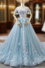 Blue Ball Gowns Tulle Off The Shoulder Appliques Wedding Dresses