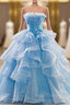 Blue Ball Gowns Tulle Strapless Pleats Wedding Dresses