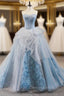 Blue Ball Gown Tulle Sweetheart Sleevelss Princess Prom Dresses With Train