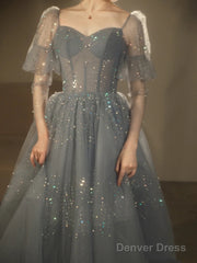 Blue Beaded A-Line Tulle Long Party Dress, Blue Evening Dress Prom Dress