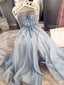 Blue Beaded Long Prom Dress, Sweetheart Neck Blue Long Prom Dresses with Beadings