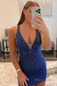 Blue Beaded Sequins Tight Short Homecoming Dresses