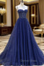 Blue Beaded Sweetheart Tulle A-line Prom Dresses, Blue Long Party Dresses