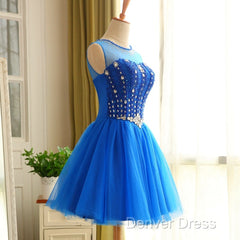 Blue Beaded Tulle Short Cute Homecoming Dresses, Blue Short Party Dresses Prom Dresses