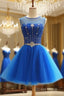 Blue Beaded Tulle Short Cute Homecoming Dress, Blue Short Prom Dress