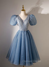 Blue Beaded Tulle Short Sleeves Formal Dresses, Blue Homecoming Dresses Prom Dresses
