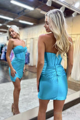 Blue Bodycon Sweetheart Satin Short Homecoming Dresses with Slit