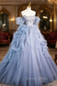 Blue Cascading Ruffles Long Prom Dress, A Line Strapless Short Sleeve Sweep Train Prom Dresses