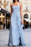 Blue Chiffon A Line Long Bridesmaid Dresses with Ruffles