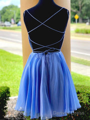 Blue Chiffon Beads Backless Short Prom Dress, Blue Homecoming Dress