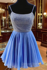 Blue Chiffon Beads Backless Short Prom Dresses, Blue Homecoming Dresses
