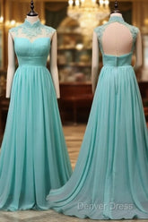 Blue Chiffon Lace And Beaded Cap Sleeves Prom Party Dresses, A-Line Chiffon Formal Dresses