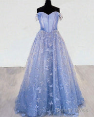 Blue Corset Butterfly Off Shoulder Prom Dress