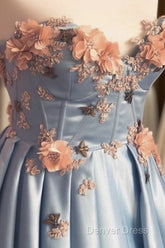 Blue Corset Long Satin Dresses With 3D Flowers