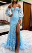 Blue Detachable Sleeves Sweetheart Lace Long Prom Dresses with Slit