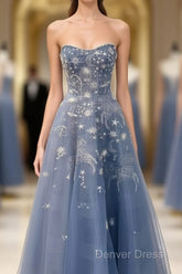 Blue Embroidery Tulle Dresses
